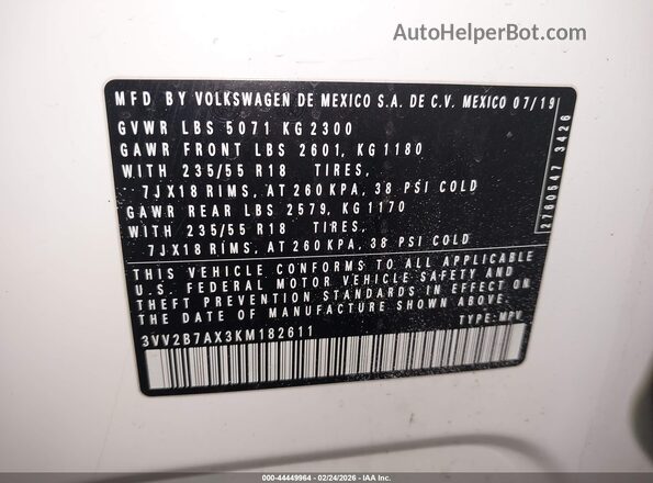 3VV2B7AX3KM182611 2019 VOLKSWAGEN TIGUAN White 