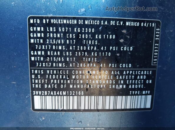 3VV2B7AX4KM132168 2019 VOLKSWAGEN TIGUAN Blue 