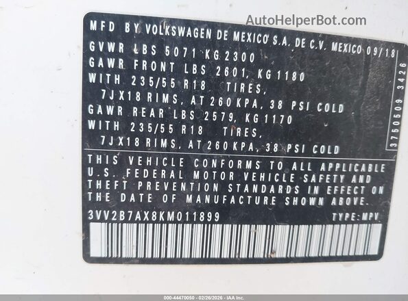 3VV2B7AX8KM011899 2019 VOLKSWAGEN TIGUAN White 