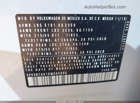 3VV3B7AX1KM055909 2019 VOLKSWAGEN TIGUAN Серый Вид подкапотного пространства