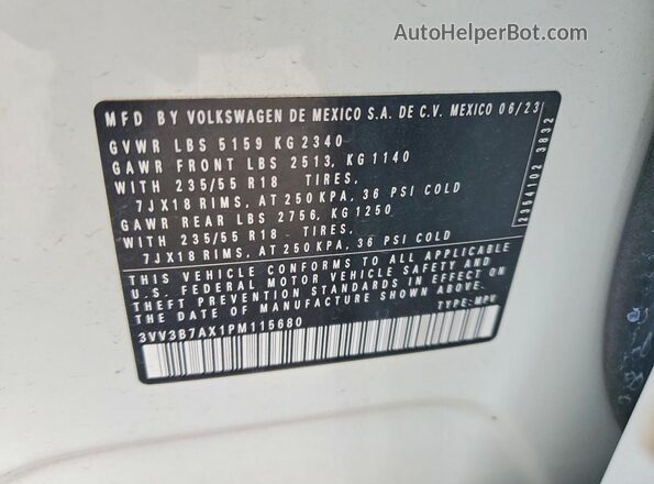 3VV3B7AX1PM115680 2023 VOLKSWAGEN TIGUAN Белый 