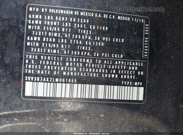 3VV3B7AX2LM061655 2020 VOLKSWAGEN TIGUAN Black Вид підкапотного простору