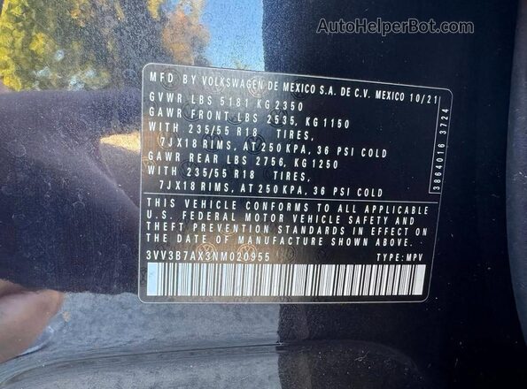 3VV3B7AX3NM020955 2022 VOLKSWAGEN TIGUAN Черный Вид задних сидений
