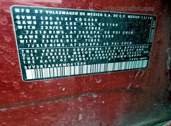 3VV3B7AX6KM041598 2019 VOLKSWAGEN TIGUAN Burgundy Vista de la etiqueta del VIN