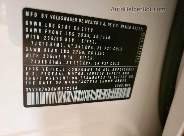 3VV3B7AX6NM112514 2022 VOLKSWAGEN TIGUAN White Widok naklejki z numerem VIN