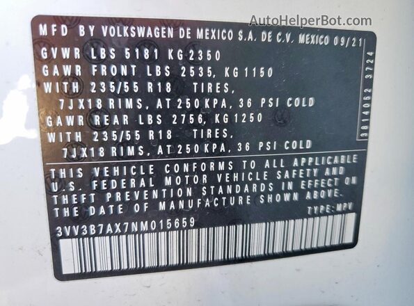 3VV3B7AX7NM015659 2022 VOLKSWAGEN TIGUAN White Вид наклейки з VIN-кодом