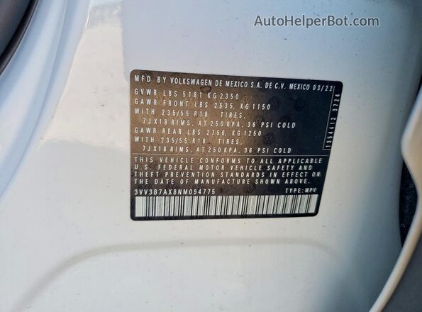 3VV3B7AX8NM094775 2022 VOLKSWAGEN TIGUAN White VIN կոդի պիտակի տեսք