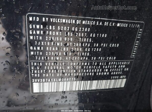 3VV3B7AXXLM064075 2020 VOLKSWAGEN TIGUAN Черный 