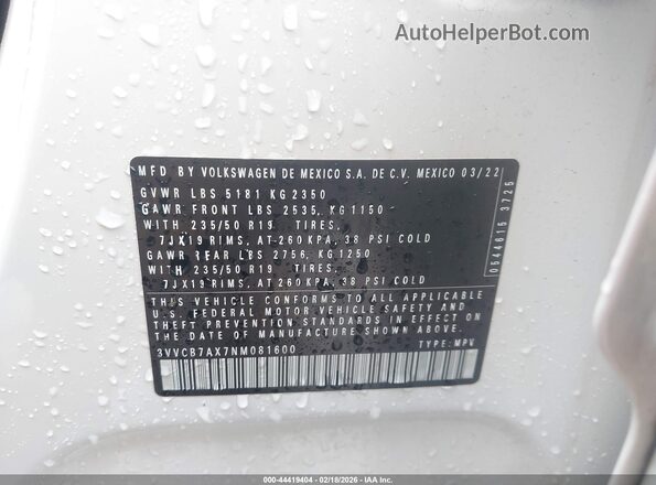 3VVCB7AX7NM081600 2022 VOLKSWAGEN TIGUAN White 