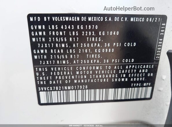 3VVCX7B21NM017928 2022 VOLKSWAGEN TAOS White Widok komory silnika