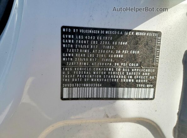 3VVDX7B21NM003984 2022 VOLKSWAGEN TAOS Белый Вид наклейки с VIN-кодом