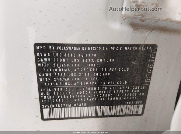 3VVEX7B27RM088355 2024 VOLKSWAGEN TAOS White ძრავის განყოფილების ხედი