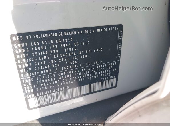 3VVLR7RMXSM050780 2025 VOLKSWAGEN TIGUAN White ძრავის განყოფილების ხედი