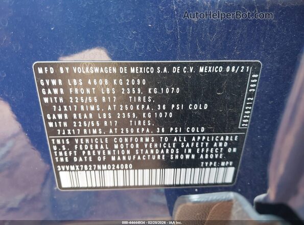 3VVMX7B27NM024080 2022 VOLKSWAGEN TAOS Blue Engine compartment view