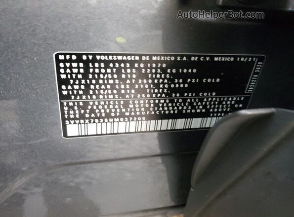 3VVRX7B25NM037206 2022 VOLKSWAGEN TAOS Угольный Вид наклейки с VIN-кодом