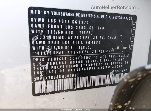 3VVSX7B24RM001630 2024 VOLKSWAGEN TAOS Белый Вид подкапотного пространства