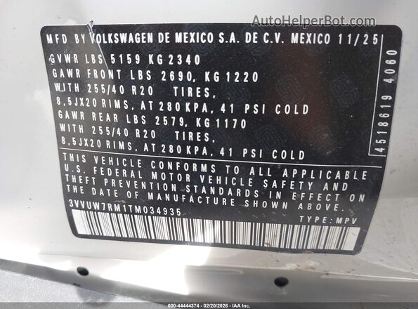 3VVUW7RM1TM034935 2026 VOLKSWAGEN TIGUAN Серый 