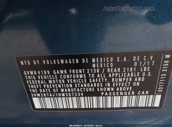 3VW2B7AJ1HM307234 2017 VOLKSWAGEN JETTA Синий 