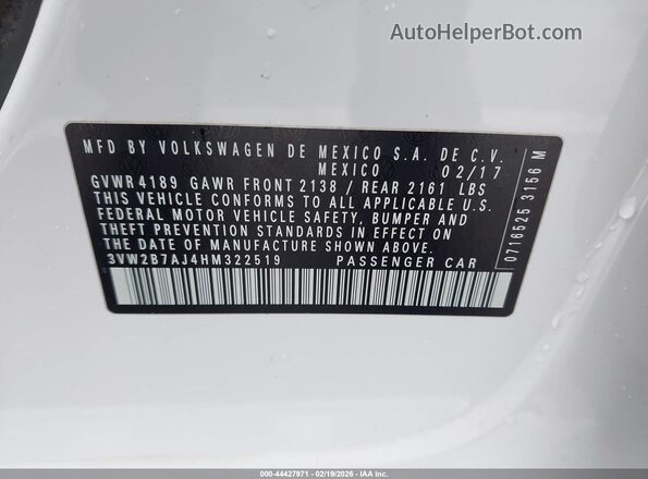 3VW2B7AJ4HM322519 2017 VOLKSWAGEN JETTA White 