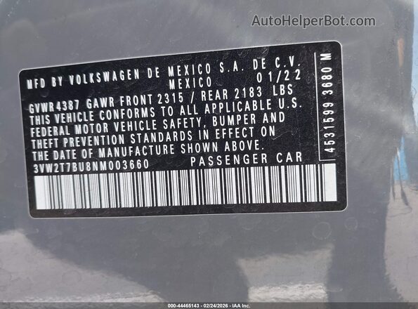 3VW2T7BU8NM003660 2022 VOLKSWAGEN JETTA Gray Engine compartment view