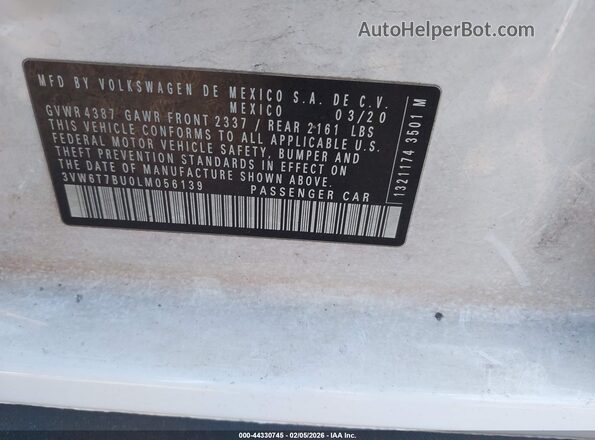 3VW6T7BU0LM056139 2020 VOLKSWAGEN JETTA White Vista del compartimento del motor