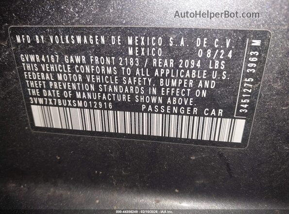 3VW7X7BUXSM012916 2025 VOLKSWAGEN JETTA Gray 