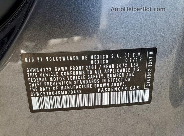 3VWC57BU4KM070458 2019 VOLKSWAGEN JETTA Gray 