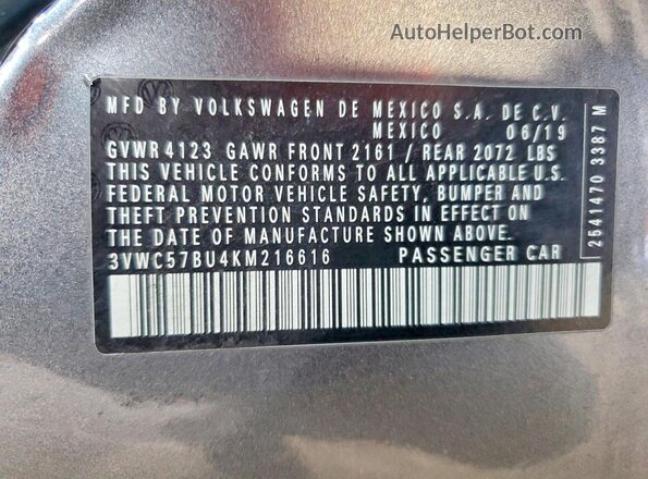 3VWC57BU4KM216616 2019 VOLKSWAGEN JETTA Charcoal 