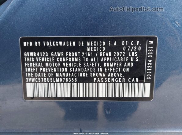 3VWC57BU5LM078358 2020 VOLKSWAGEN JETTA Blue 