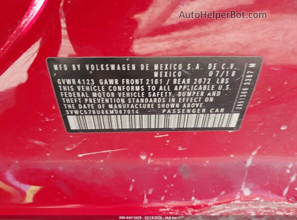 3VWC57BU8KM067014 2019 VOLKSWAGEN JETTA Red 