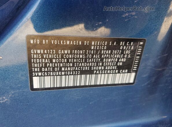3VWC57BU8KM104322 2019 VOLKSWAGEN JETTA Blue 