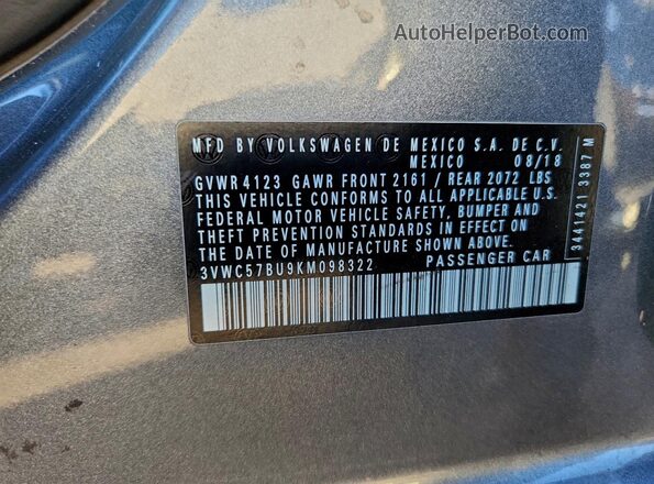 3VWC57BU9KM098322 2019 VOLKSWAGEN JETTA Gray 
