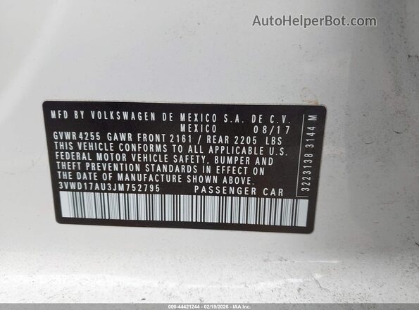 3VWD17AU3JM752795 2018 VOLKSWAGEN GOLF White 