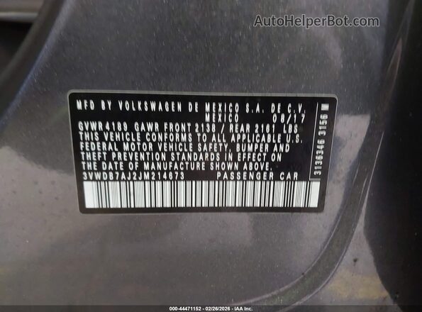 3VWDB7AJ2JM214673 2018 VOLKSWAGEN JETTA Gray 