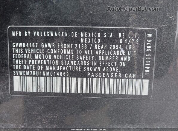 3VWEM7BU1NM014669 2022 VOLKSWAGEN JETTA Black 