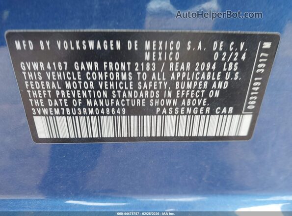 3VWEM7BU3RM048649 2024 VOLKSWAGEN JETTA Синий Вид подкапотного пространства