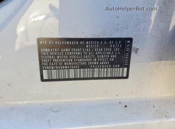 3VWEM7BU9NM020459 2022 VOLKSWAGEN JETTA White VIN կոդի պիտակի տեսք
