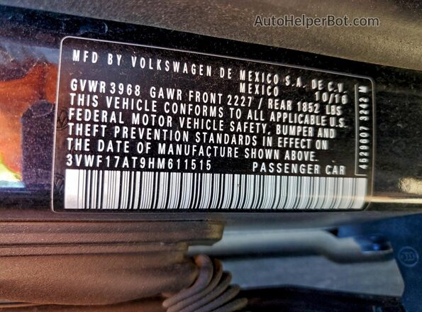 3VWF17AT9HM611515 2017 VOLKSWAGEN BEETLE Black Widok naklejki z numerem VIN