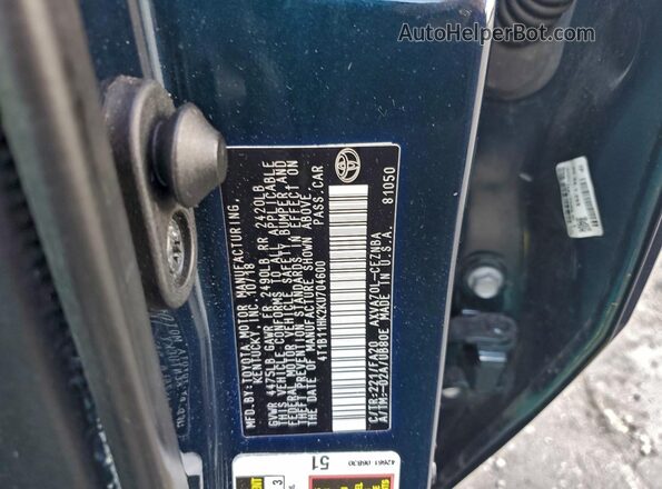 4T1B11HK2KU704600 2019 TOYOTA CAMRY Blue 