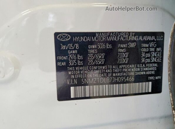 5NMZTDLB7JH095466 2018 HYUNDAI SANTA FE White 