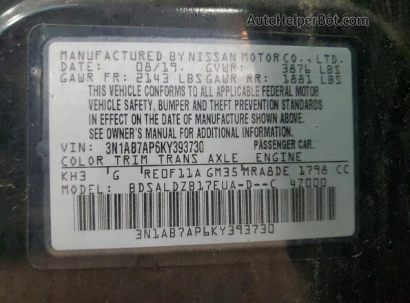 3N1AB7AP6KY393730 2019 NISSAN SENTRA Черный 