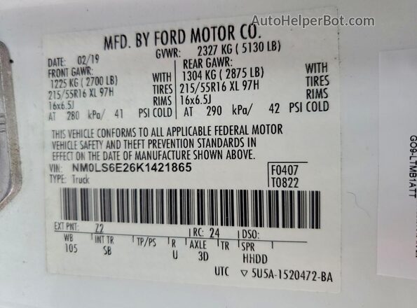 NM0LS6E26K1421865 2019 FORD TRANSIT White 