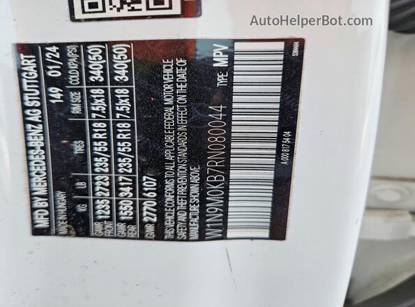 W1N9M0KB7RN080044 2024 MERCEDES-BENZ EQB White VIN კოდის სტიკერის ხედი