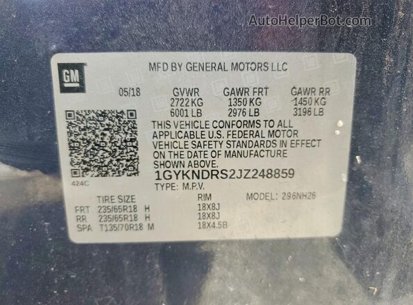 1GYKNDRS2JZ248859 2018 CADILLAC XT5 Синий 