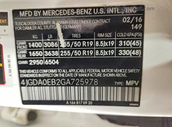 4JGDA0EB2GA725978 2016 MERCEDES-BENZ GLE White Widok naklejki z numerem VIN