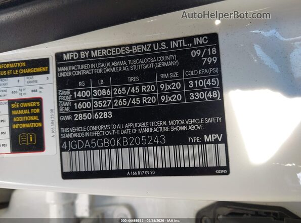 4JGDA5GB0KB205243 2019 MERCEDES-BENZ GLE 400 White Widok komory silnika
