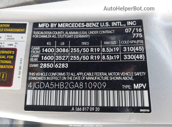 4JGDA5HB2GA810909 2016 MERCEDES-BENZ GLE 350 Серебряный 