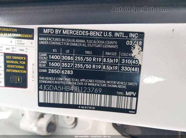 4JGDA5HB4JB123769 2018 MERCEDES-BENZ GLE 350 Белый 
