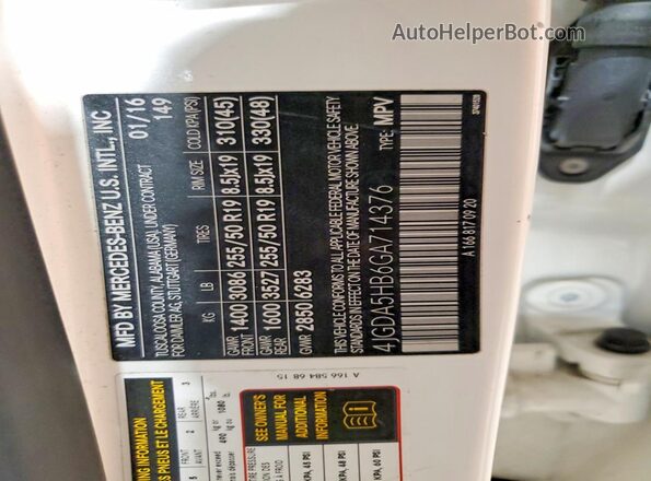 4JGDA5HB6GA714376 2016 MERCEDES-BENZ GLE White Vista interior de 360 grados