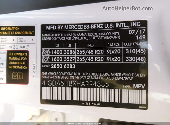4JGDA5HBXHA994336 2017 MERCEDES-BENZ GLE 350 White Widok komory silnika
